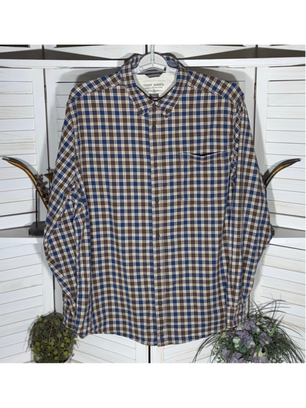 Cody James authentic cowboy western shirt apparel brown blue cotton plaid XXL